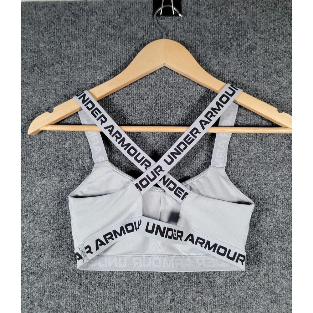 Under Armour Crossback Sports Bra Small Gray Logo Strap Pullover Wireless Padded